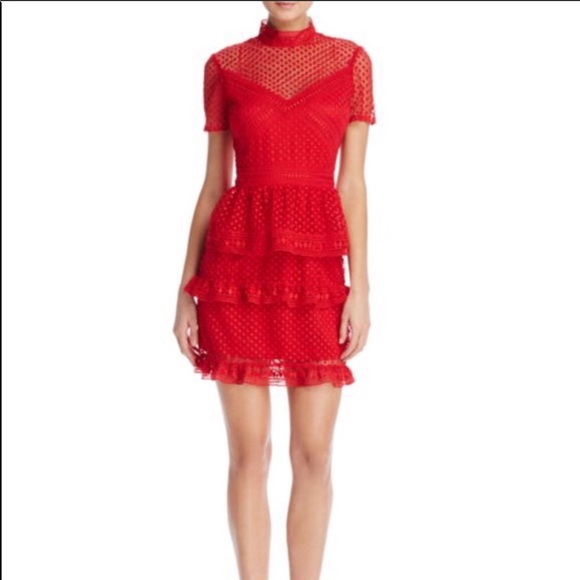 Aqua Dresses & Skirts - AQUA Short Sleeve Ruffled Dot Lace Dress In Red